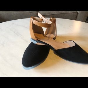 Black and Tan flats with ankle strap